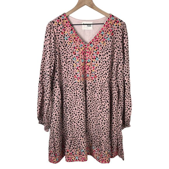 Savannah Jane Womens Embroidered Animal Print Long Puff Sleeve Babydoll Dress L - Picture 2 of 6